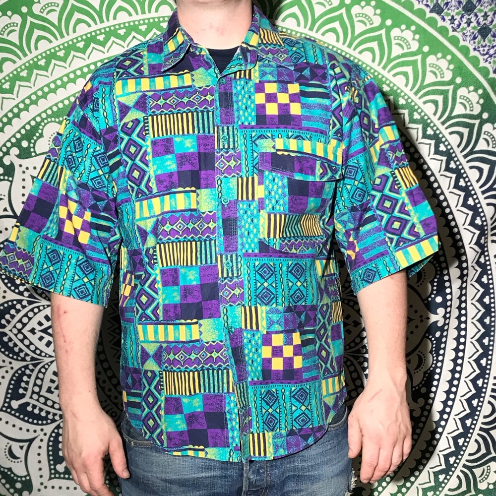 VTG. 90s colorblock tribal button down! Clean!